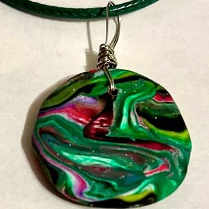 Reversible Handcrafted Clay Pendant Necklace Green Pink